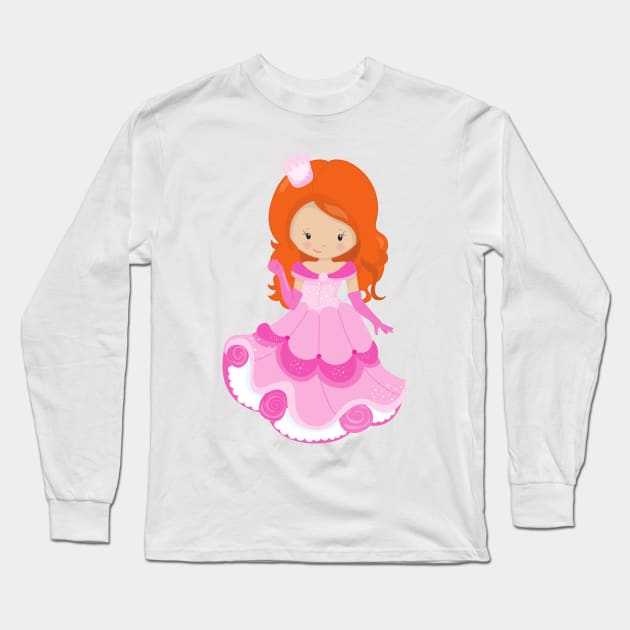 Cute Princess, Crown, Pink Dress, Orange Hair Long Sleeve T-Shirt by Jelena Dunčević